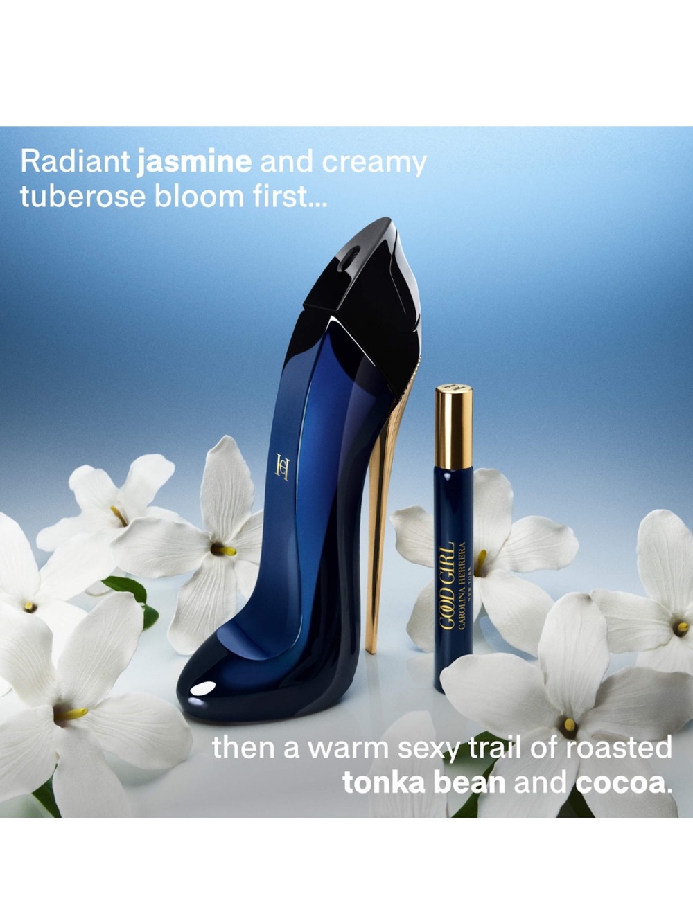 Carolina Herrera Good Girl Stiletto Bottle in Deep Blue and Black with Gold Heel